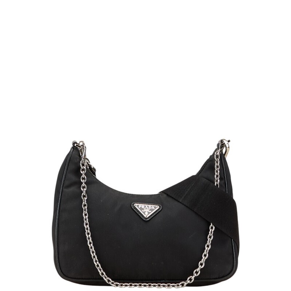Prada logo triangular shoulder nylon bag plaque pouch pochette black